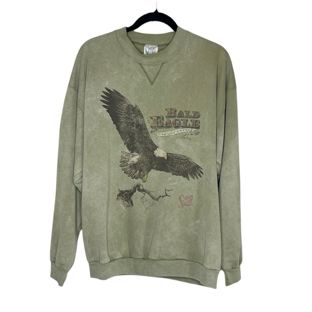Vintage 90s Spirit Lake Outfitters Olive Green Bald Eagle Sweayshirt size Large